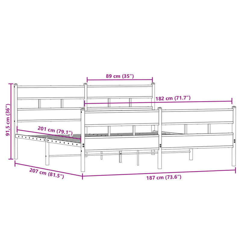 Metal Bed Frame without Mattress Sonoma Oak 180x200 cm Super King