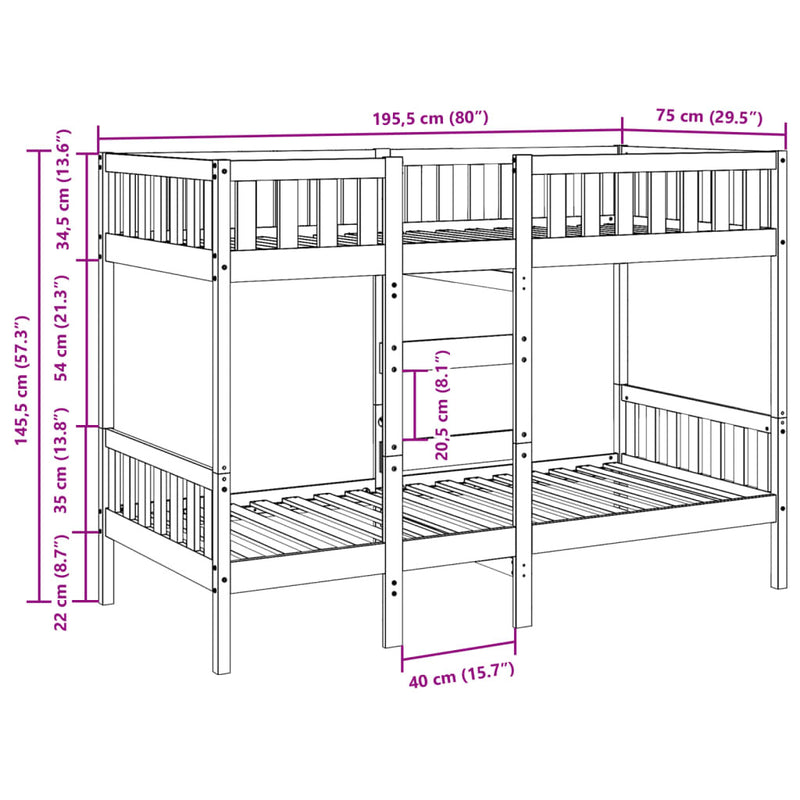 Bunk Bed Wax Brown 75x190 cm Solid Wood Pine