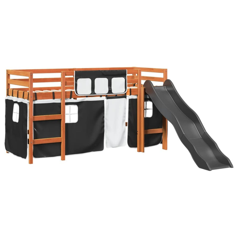 Kids' Loft Bed with Curtains White&Black 80x200 cm Solid Wood Pine