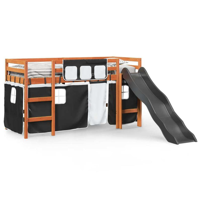 Kids' Loft Bed with Curtains White&Black 80x200 cm Solid Wood Pine