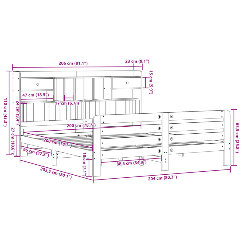 Bookcase Bed without Mattress White 200x200 cm Solid Wood Pine