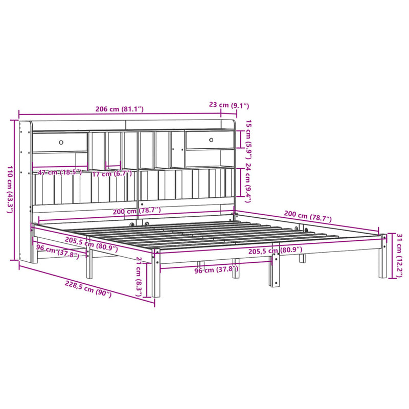 Bookcase Bed without Mattress White 200x200 cm Solid Wood Pine