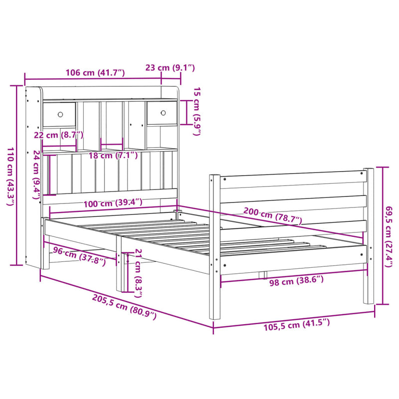 Bookcase Bed without Mattress 100x200 cm Solid Wood Pine