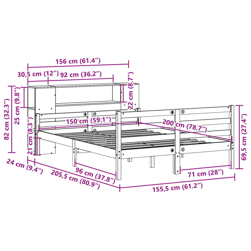 Bookcase Bed without Mattress White 150x200 cm King Solid Wood Pine