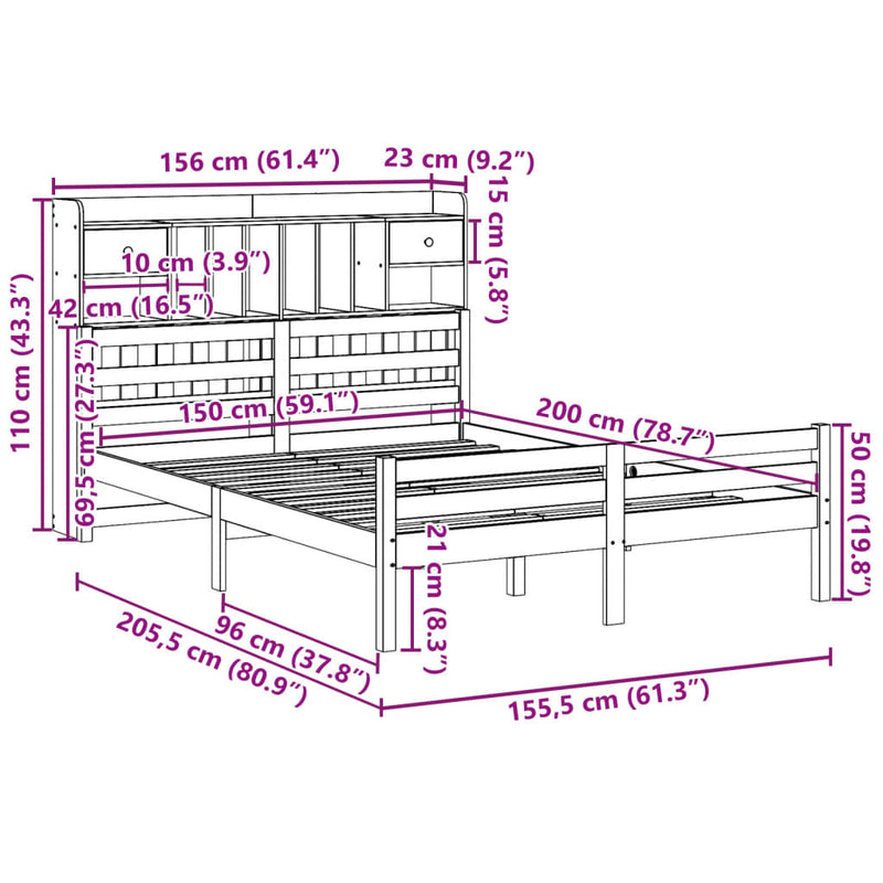 Bookcase Bed without Mattress White 150x200 cm King Size Solid Wood Pine