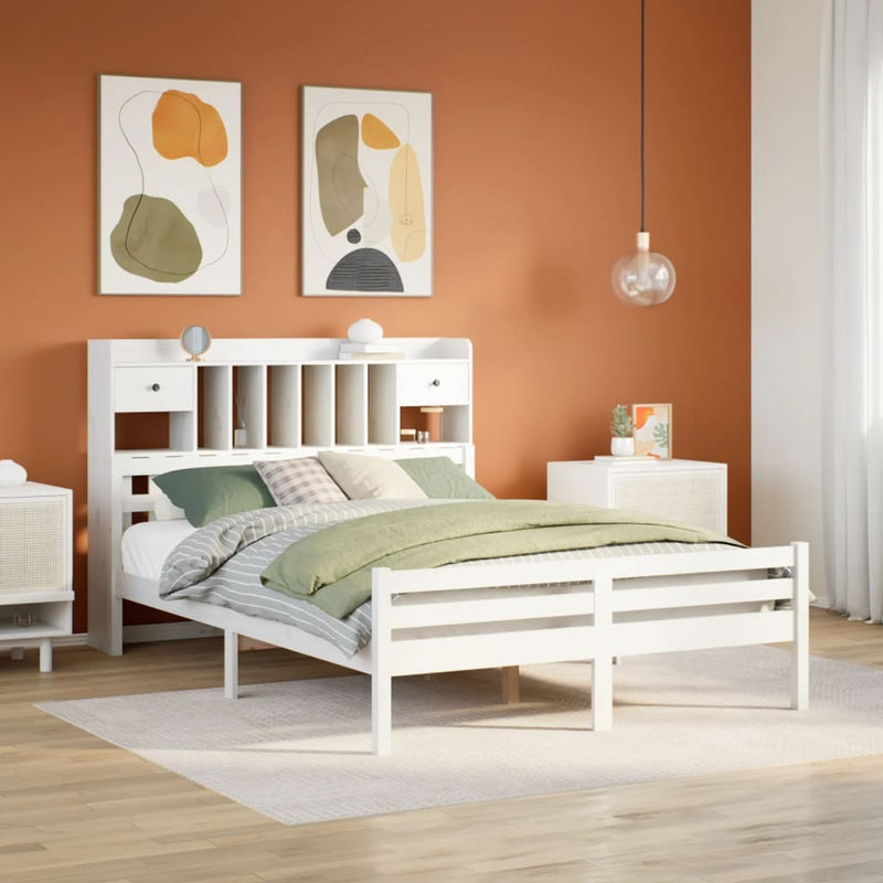 Bookcase Bed without Mattress White 150x200 cm King Size Solid Wood Pine