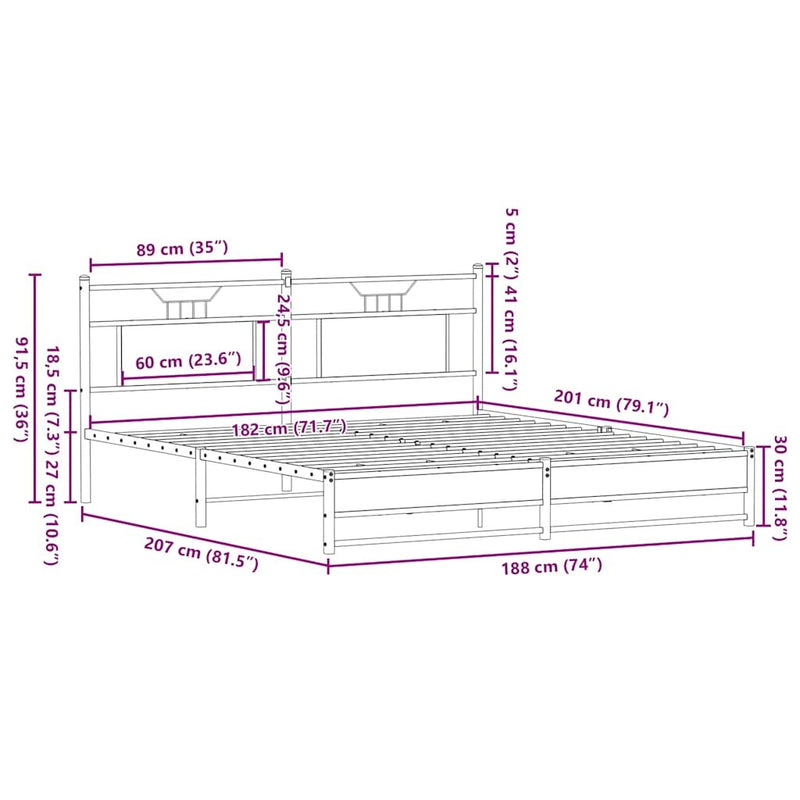 Metal Bed Frame without Mattress Smoked Oak 180x200 cm Super King