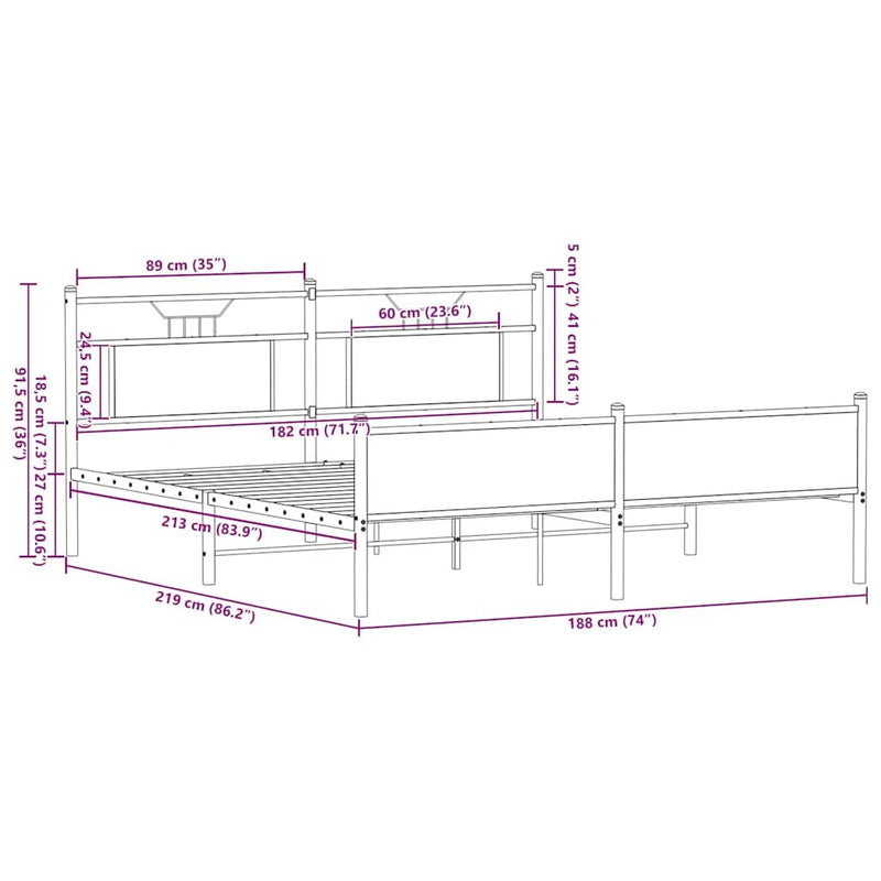 Metal Bed Frame without Mattress Smoked Oak 183x213 cm