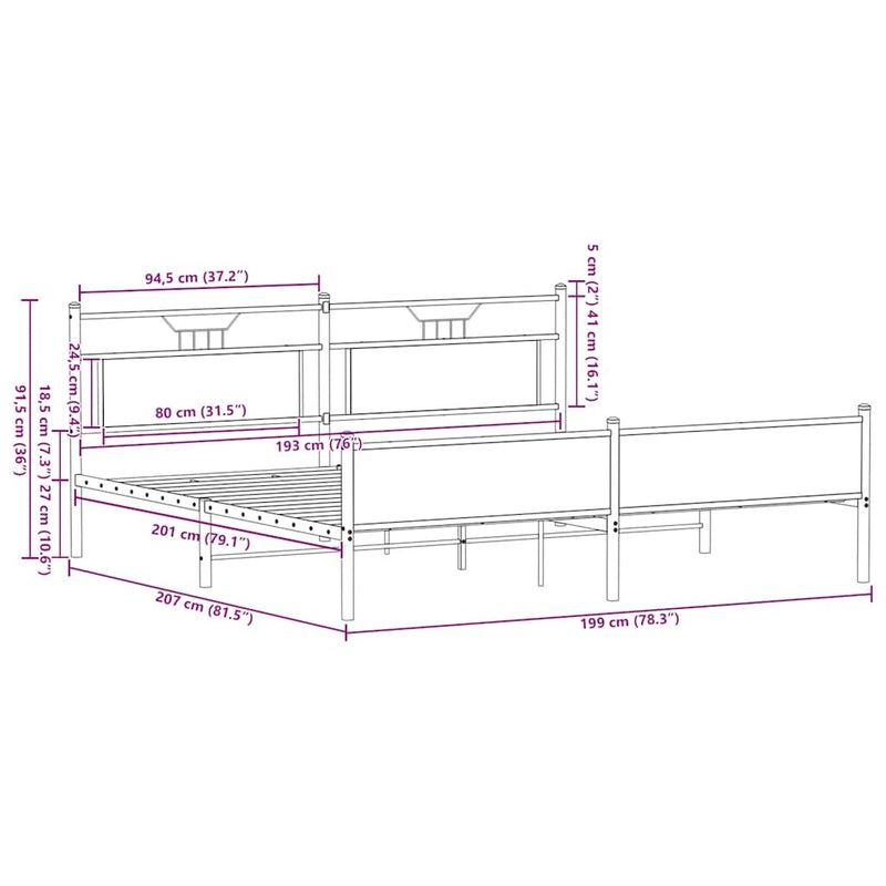 Metal Bed Frame without Mattress Smoked Oak 193x203 cm