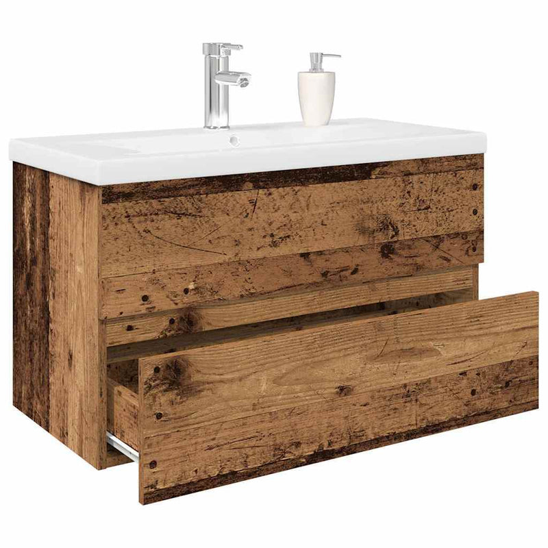 Sink Cabinet with Built-in Basin and Faucet Old Wood