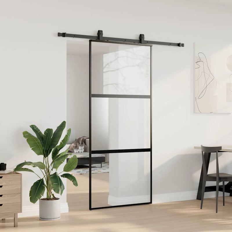 Sliding Door with Hardware Set Black 90x205 cm Tempered Glass