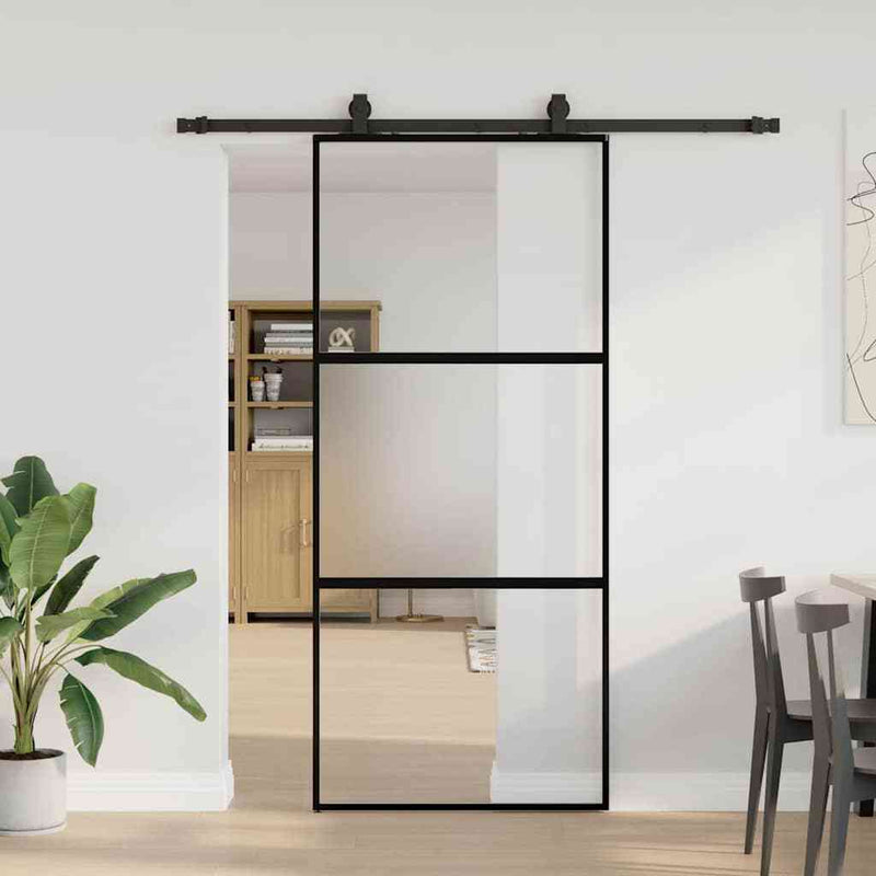 Sliding Door with Hardware Set Black 90x205 cm Tempered Glass