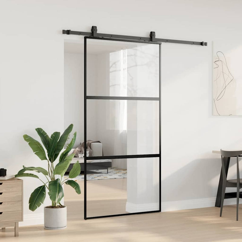 Sliding Door with Hardware Set Black 102.5x205 cm Tempered Glass