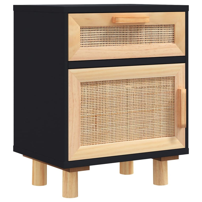 Bedside Cabinet Black Solid Wood Pine and Natural Rattan