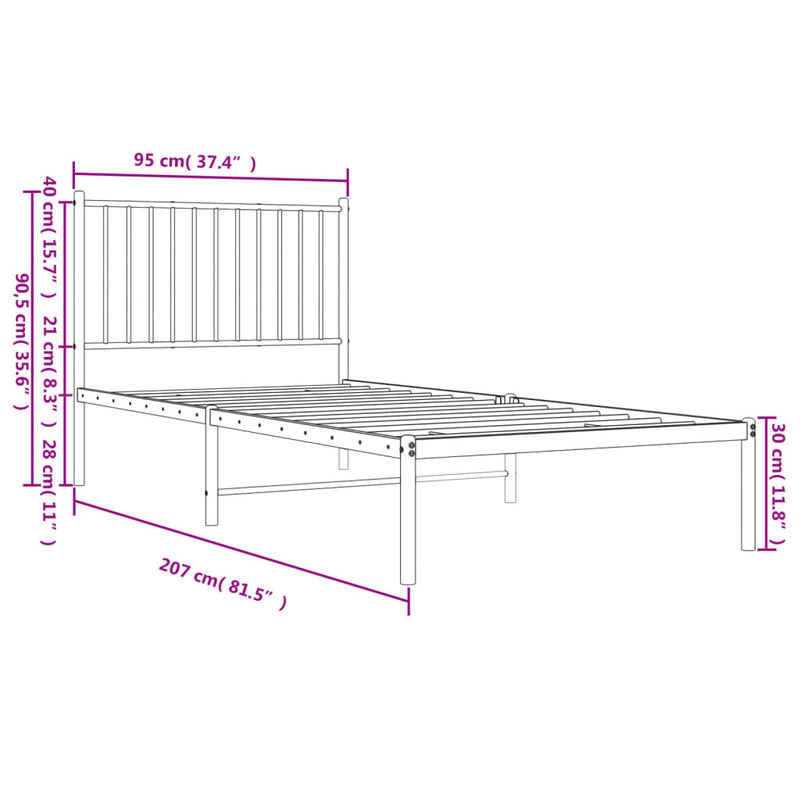 Metal Bed Frame without Mattress with Headboard White 90x200cm