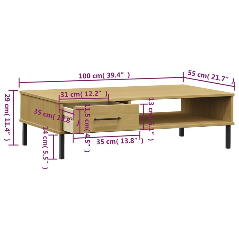 Coffee Table with Metal Legs Brown Solid Wood Pine OSLO