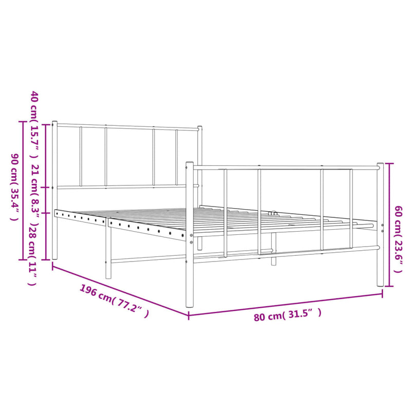 Metal Bed Frame without Mattress with Footboard White 75x190cm