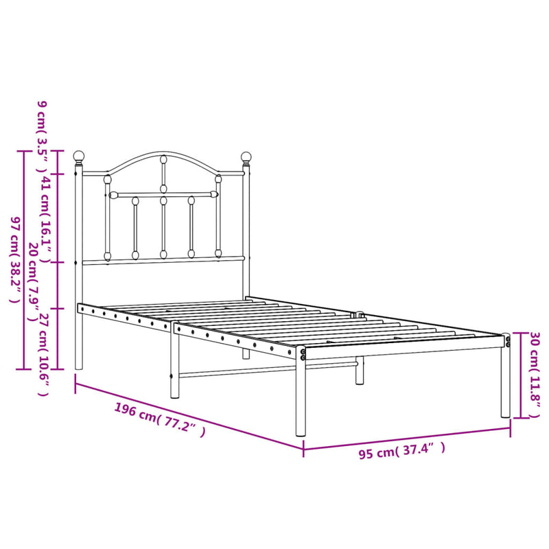 Metal Bed Frame without Mattress with Headboard Black 90x190cm