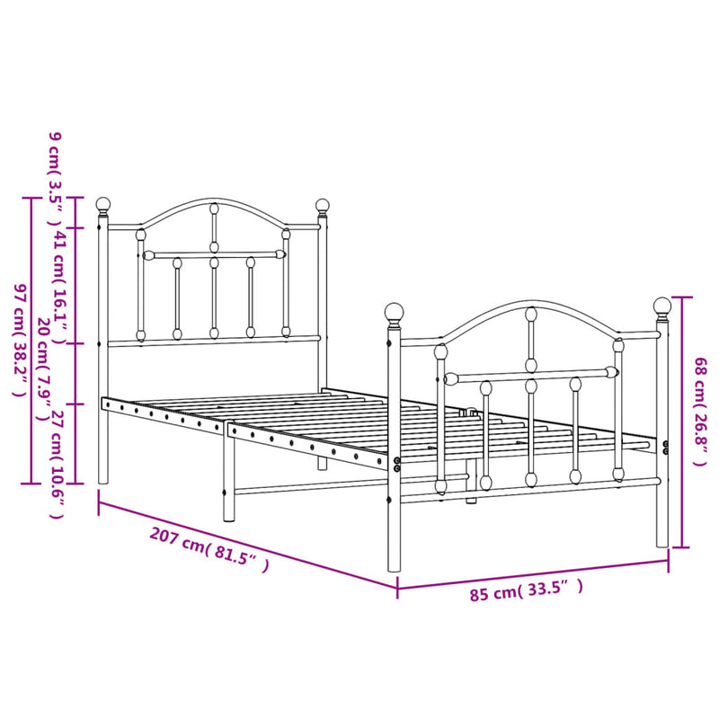 Metal Bed Frame without Mattress with Footboard White 80x200cm