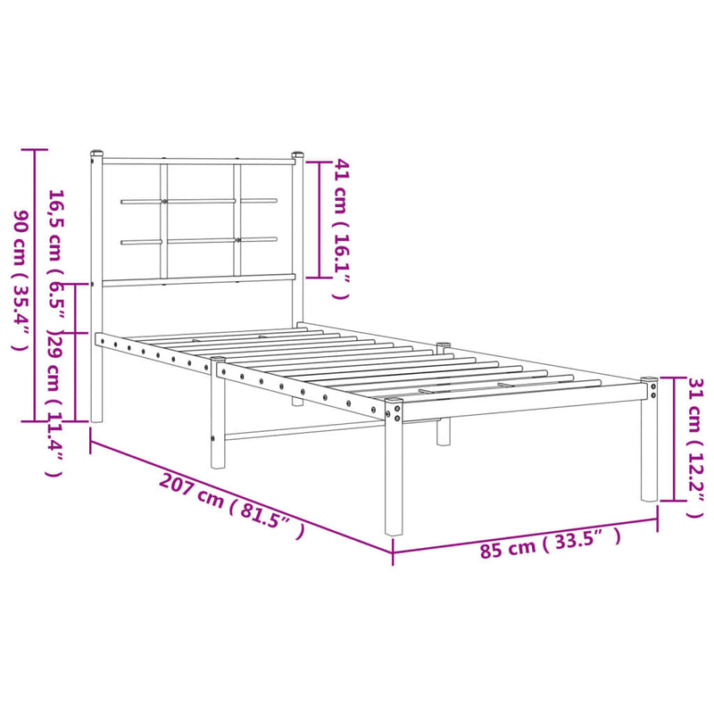 Metal Bed Frame without Mattress with Headboard Black 80x200cm