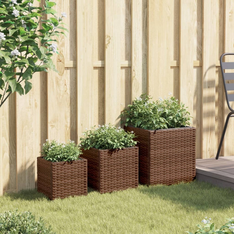 Garden Planters 3 pcs Brown Poly Rattan