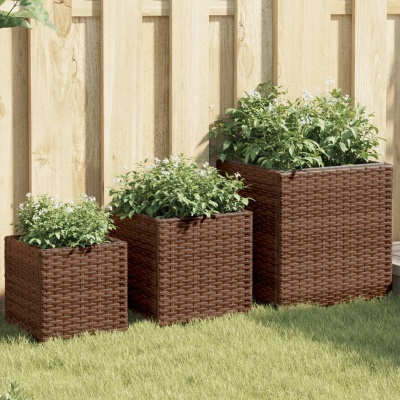 Garden Planters 3 pcs Brown Poly Rattan