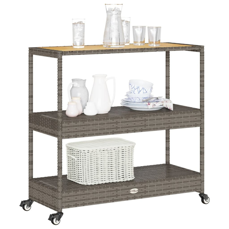 Bar Cart 3-Tier Grey Poly Rattan and Solid Wood Acacia