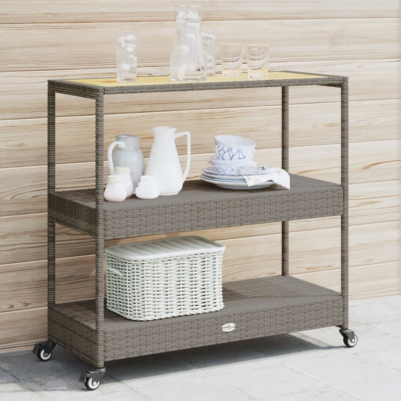 Bar Cart 3-Tier Grey Poly Rattan and Solid Wood Acacia