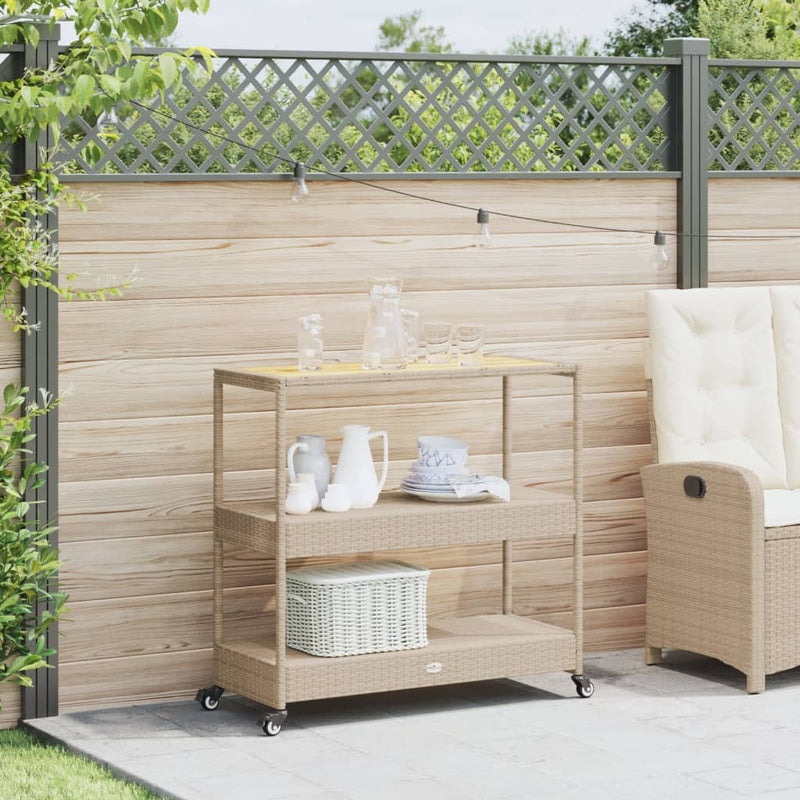 Bar Cart 3-Tier Beige Poly Rattan and Solid Wood Acacia