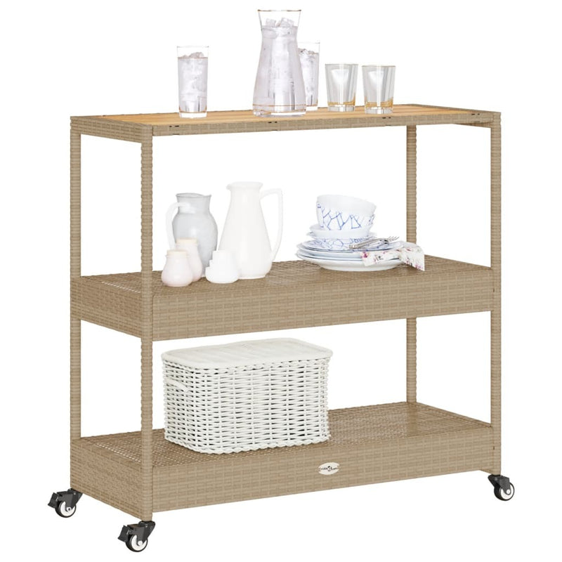 Bar Cart 3-Tier Beige Poly Rattan and Solid Wood Acacia