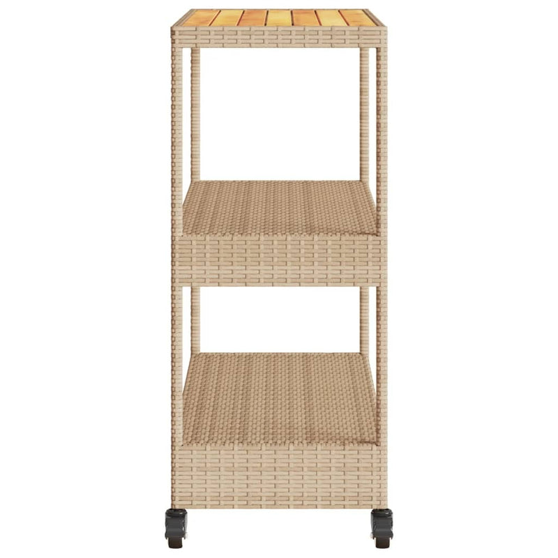 Bar Cart 3-Tier Beige Poly Rattan and Solid Wood Acacia