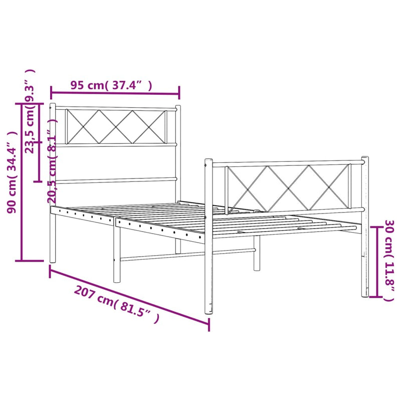 Metal Bed Frame without Mattress with Footboard White 90x200cm