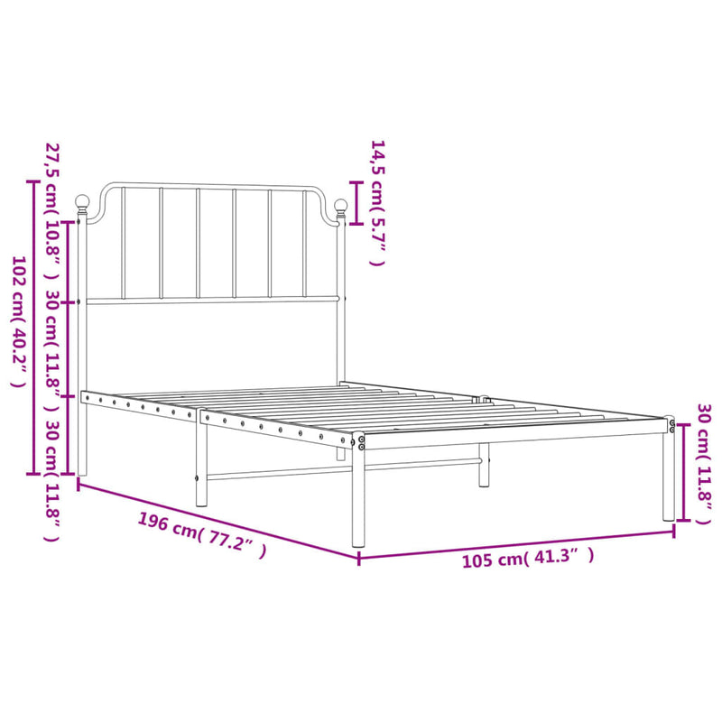 Metal Bed Frame without Mattress with Headboard Black 100x190cm