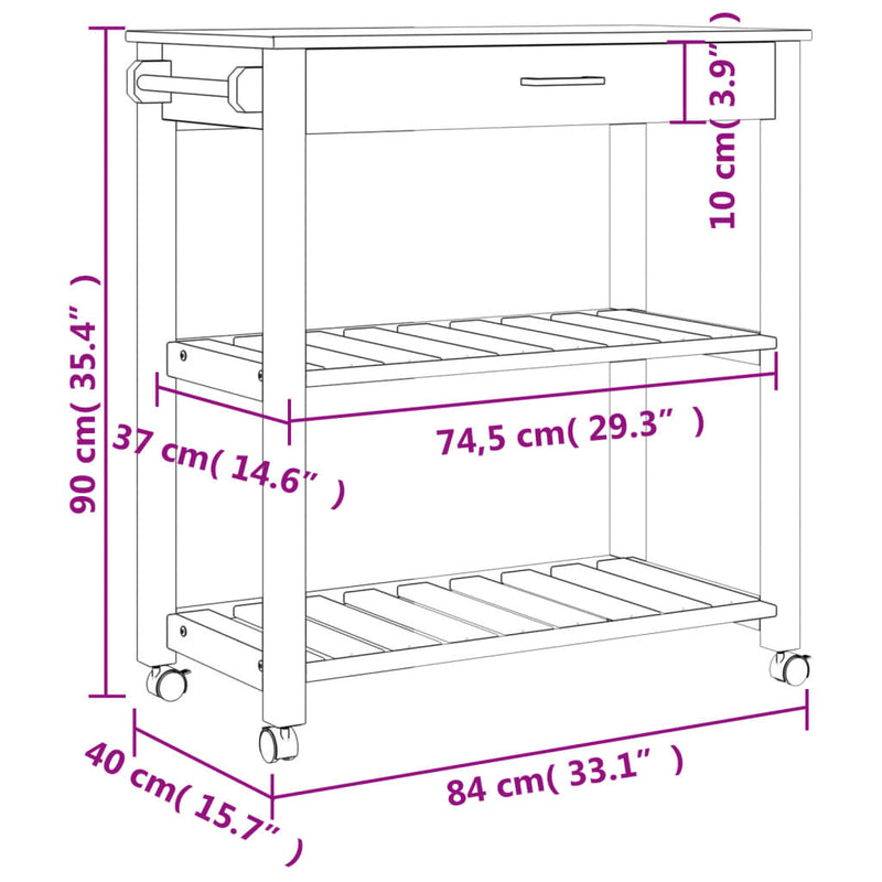 Kitchen Trolley MONZA 84x40x90 cm Solid Wood Pine