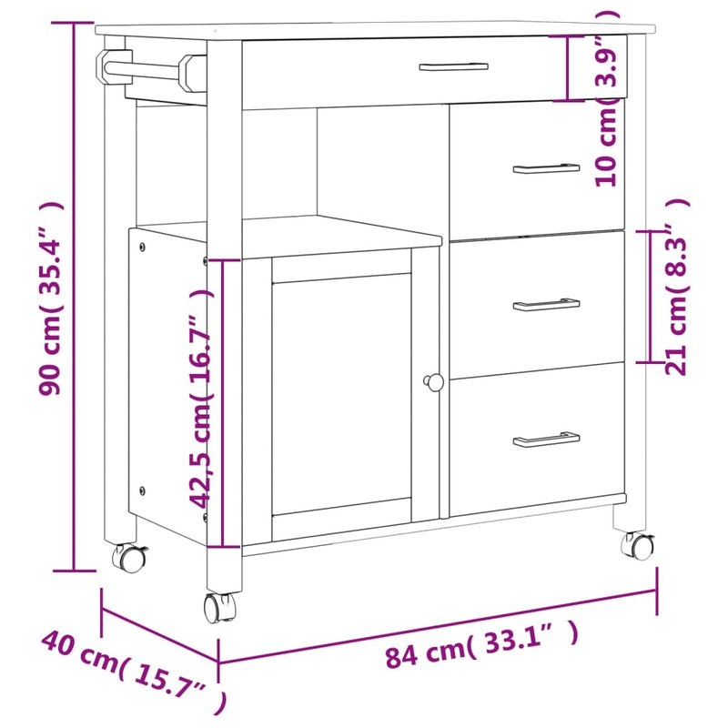 Kitchen Trolley MONZA 84x40x90 cm Solid Wood Pine