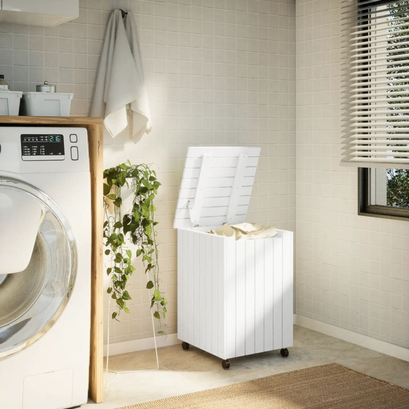 Laundry Basket with Wheels RANA White 45x45x64 cm Solid Wood Pine