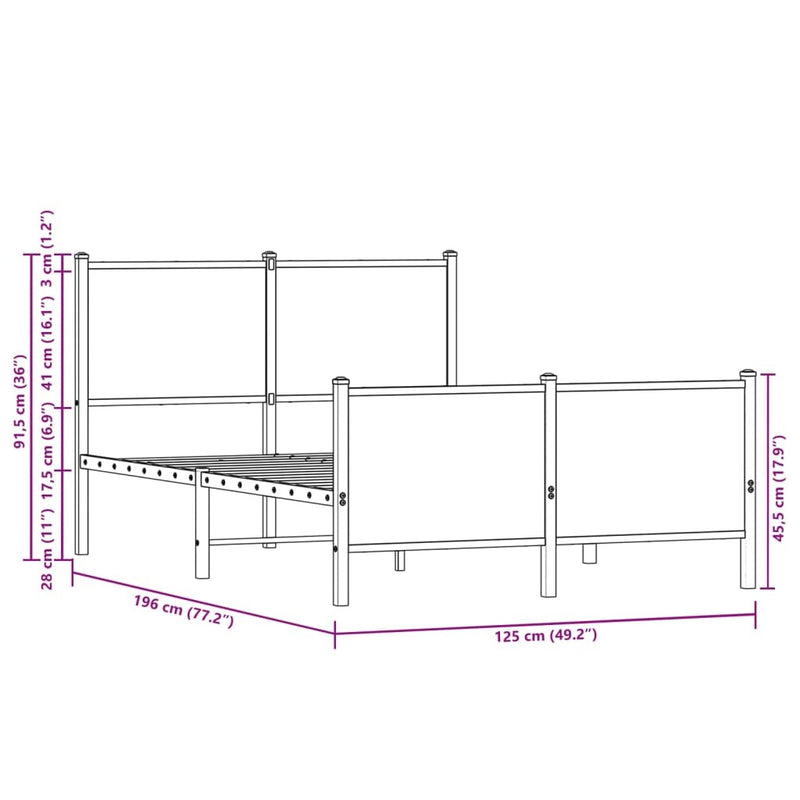 Metal Bed Frame without Mattress Smoked Oak 120x190 cm Small Double