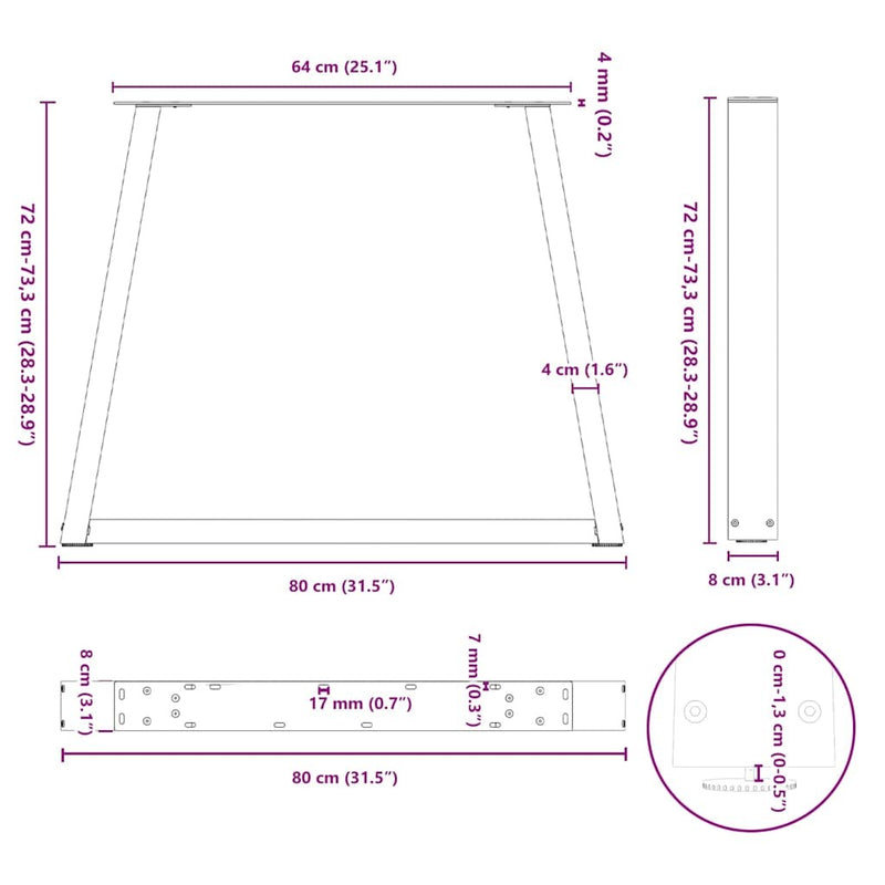 Dining Table Legs V-Shape 3 pcs Black 80x(72-73.3) cm Steel