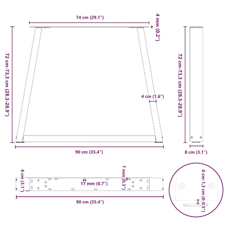 Dining Table Legs V-Shape 3 pcs Natural Steel 90x(72-73.3) cm Steel