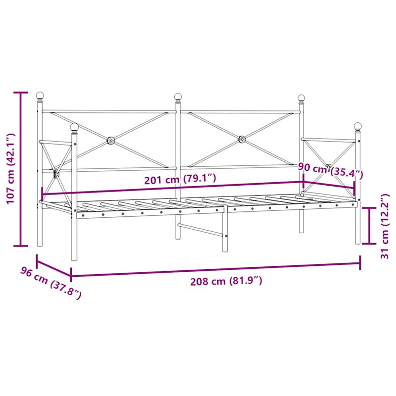 Day Bed without Mattress Black 90x200 cm Steel