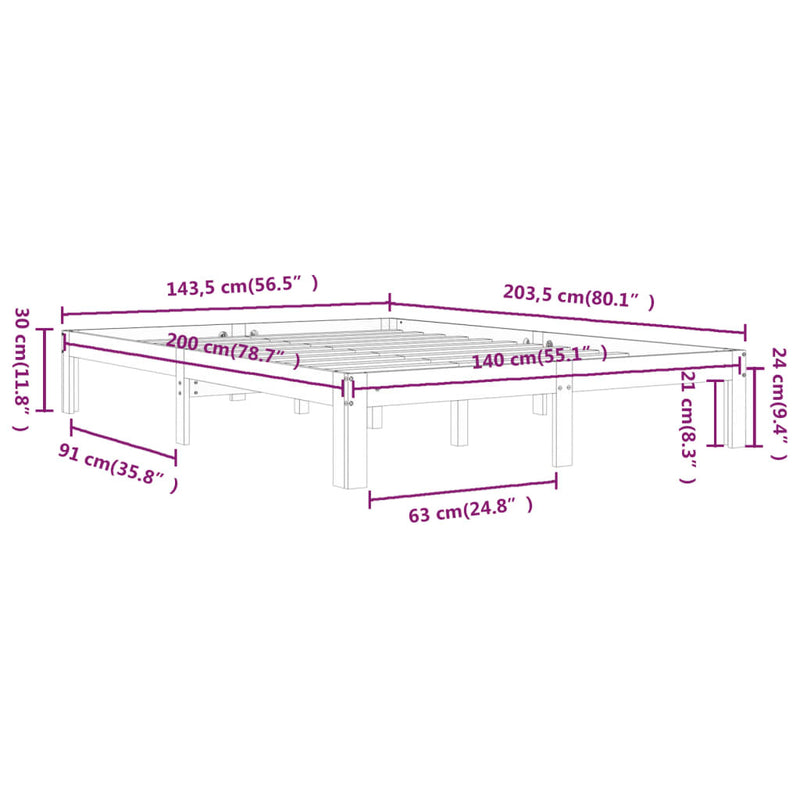 Bed Frame without Mattress White Solid Wood Pine 140x200cm