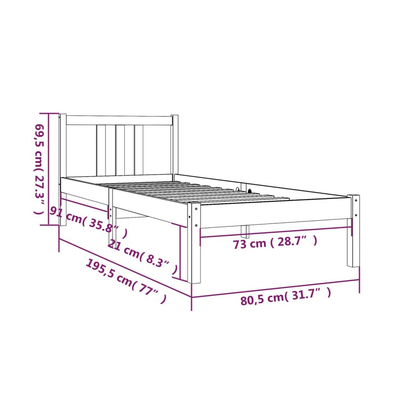 Bed Frame without Mattress Black Solid Wood 75x190 cm Small Single