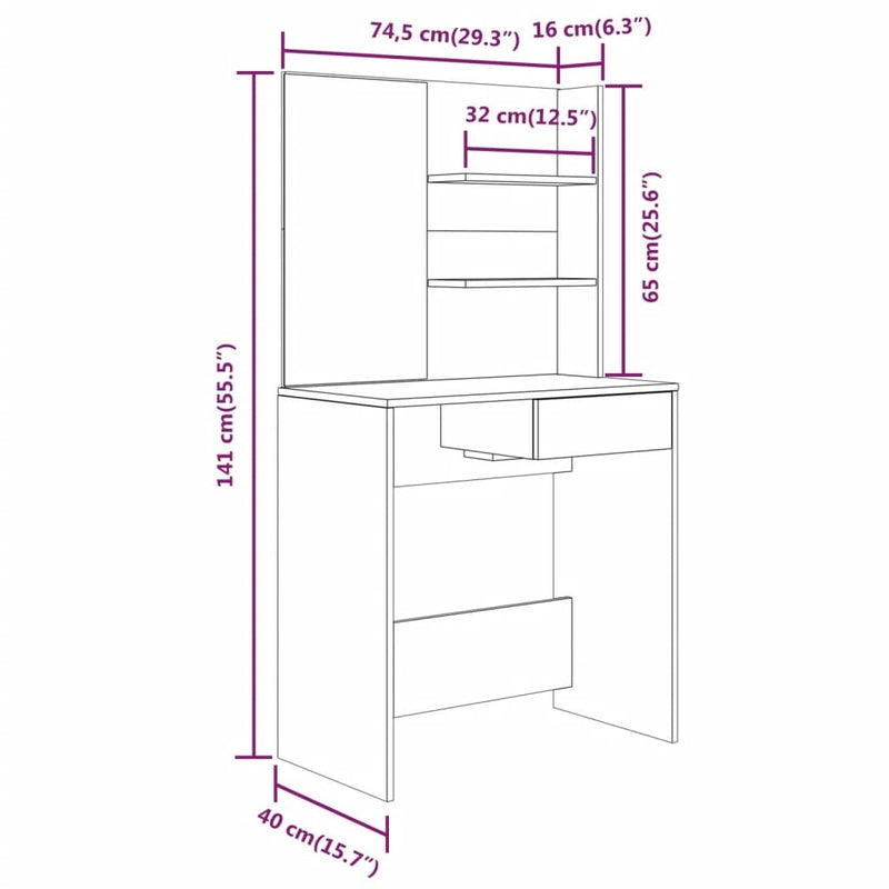 Dressing Table with Mirror Smoked Oak 74.5x40x141 cm