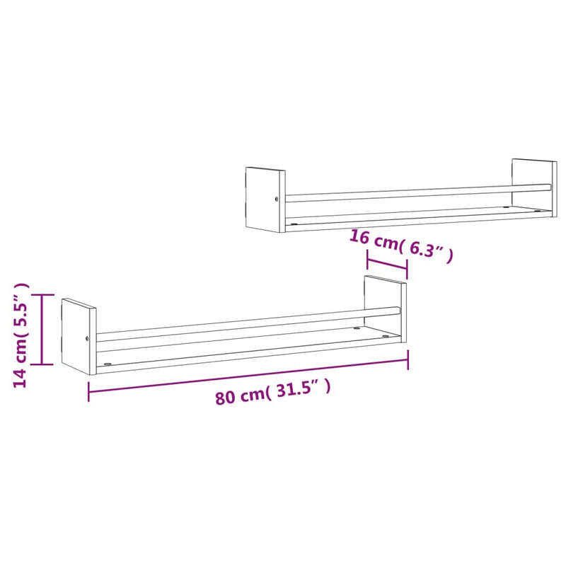 Wall Shelves with Bars 2 pcs Sonoma Oak 80x16x14 cm