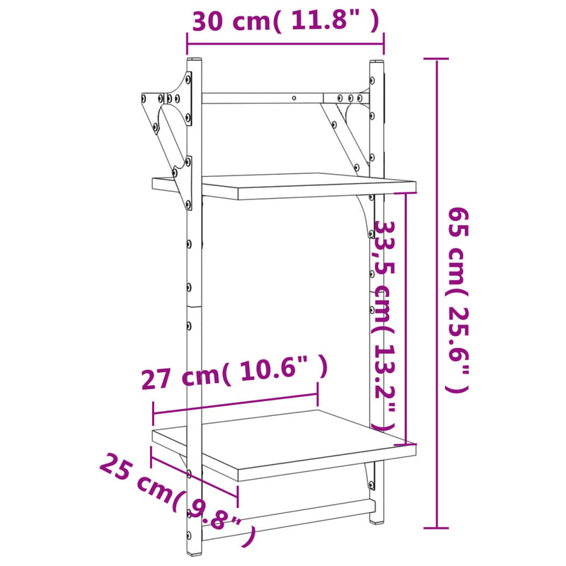 2-Tier Wall Shelves with Bars 2 pcs Grey Sonoma 30x25x65 cm