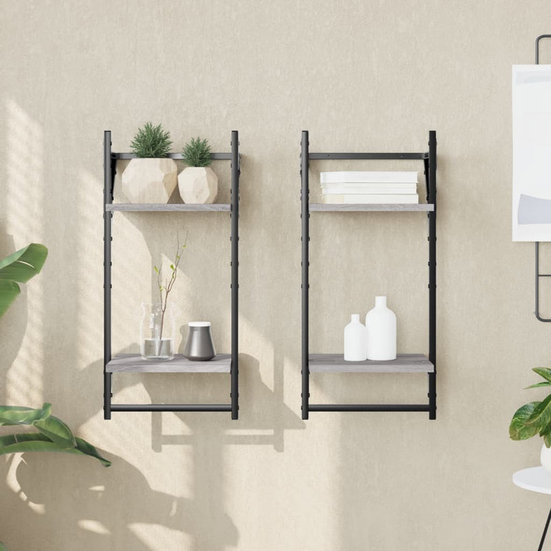 2-Tier Wall Shelves with Bars 2 pcs Grey Sonoma 30x25x65 cm