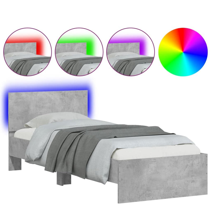 Bed Frame without Mattress with LED Lights Concrete Grey 75x190 cm Small Single