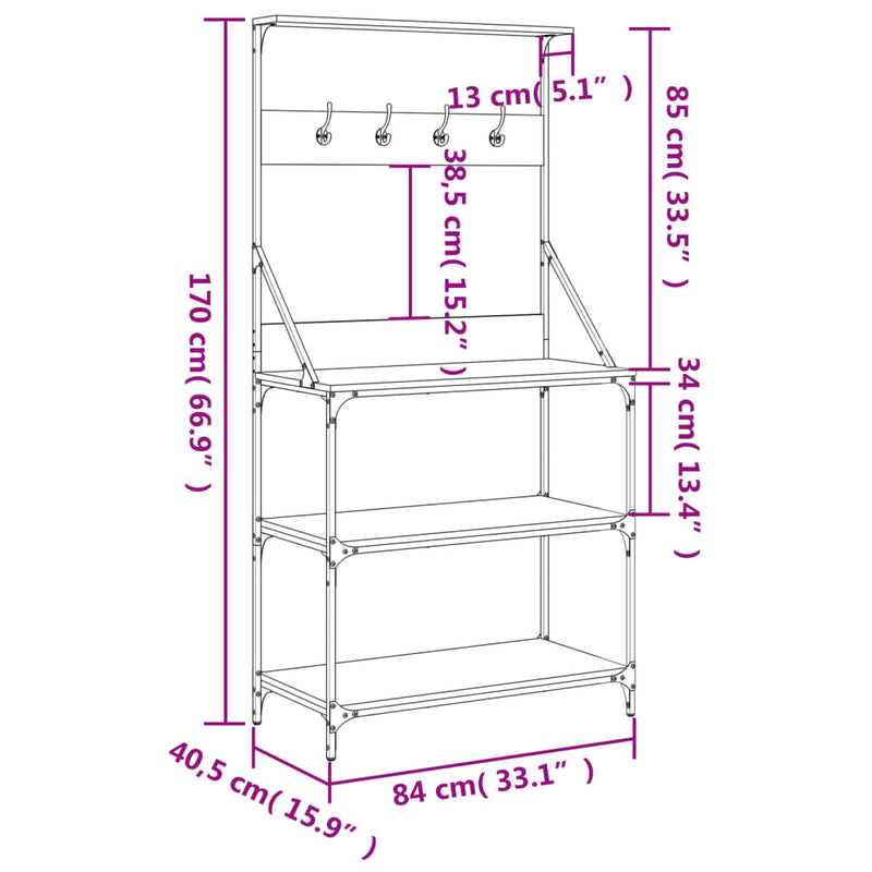 Baker's Rack with Hooks 4-Tier Smoked Oak Engineered Wood