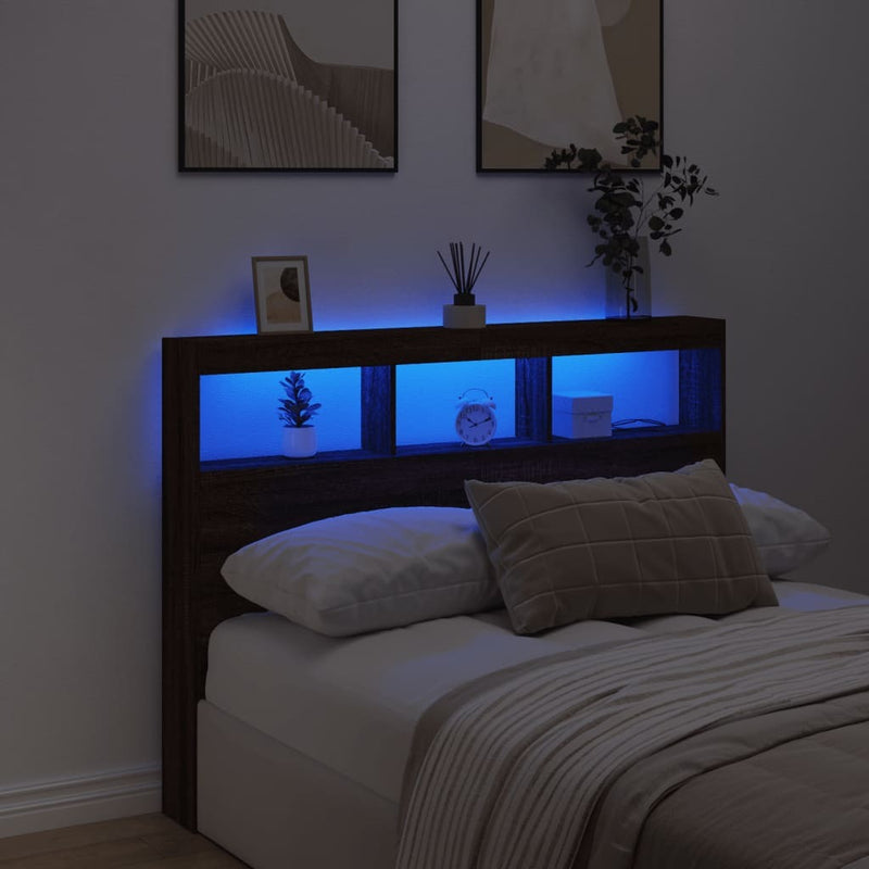 Headboard Cabinet with LED Brown Oak 140x17x102 cm