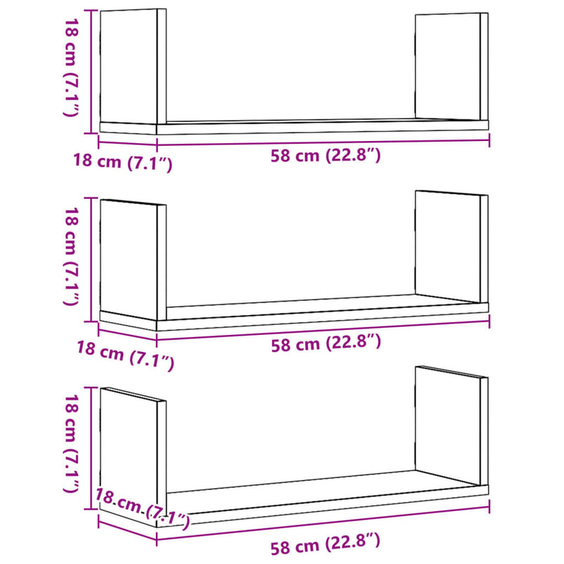 Wall Shelves 3 pcs Concrete Grey 58x18x18 cm Engineered Wood